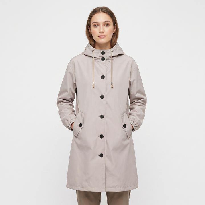 Women's Waterproof Hooded Rain Coat Button Front Longline Windproof Outdoor Jacket