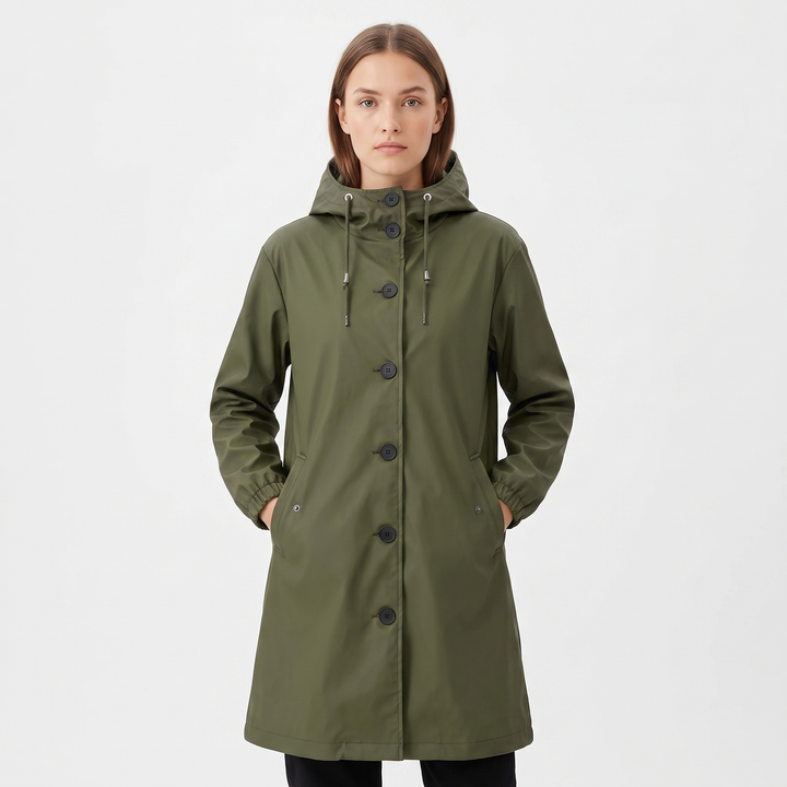 Women's Waterproof Hooded Rain Coat Button Front Longline Windproof Outdoor Jacket