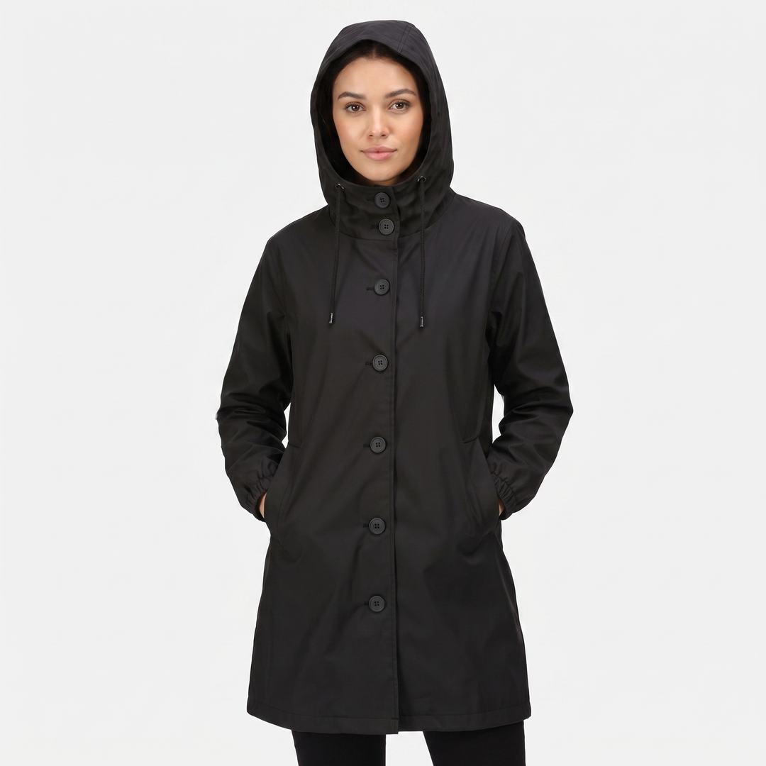 Women's Waterproof Hooded Rain Coat Button Front Longline Windproof Outdoor Jacket