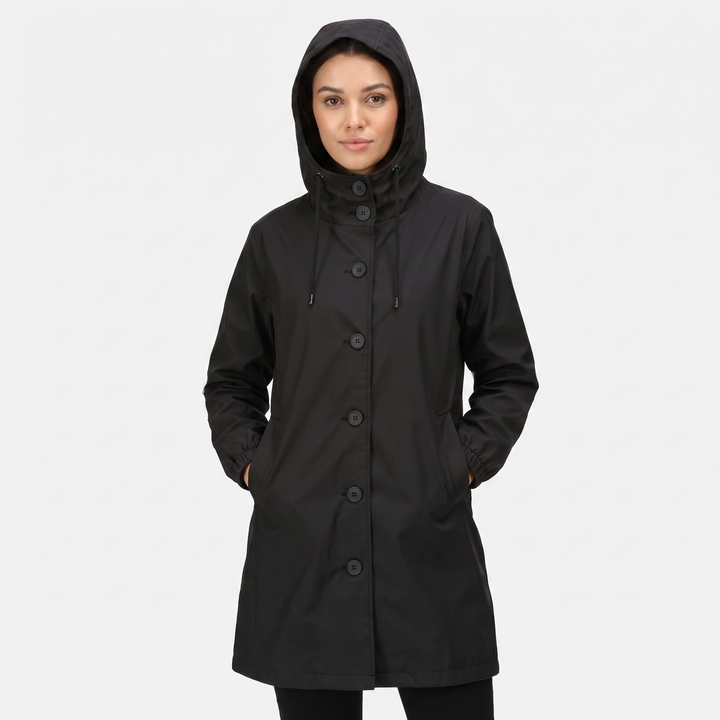 Women's Waterproof Hooded Rain Coat Button Front Longline Windproof Outdoor Jacket
