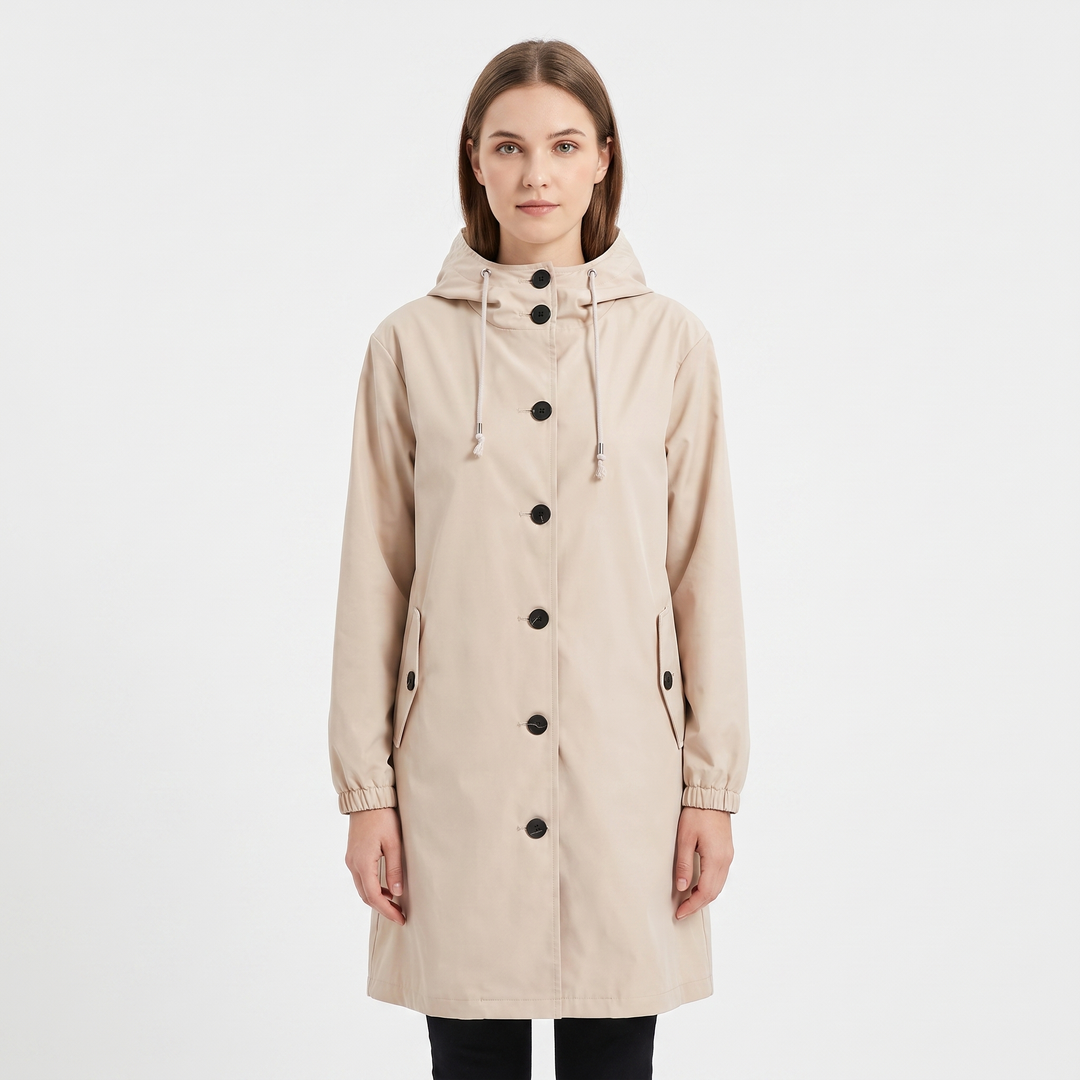 Women's Waterproof Hooded Rain Coat Button Front Longline Windproof Outdoor Jacket
