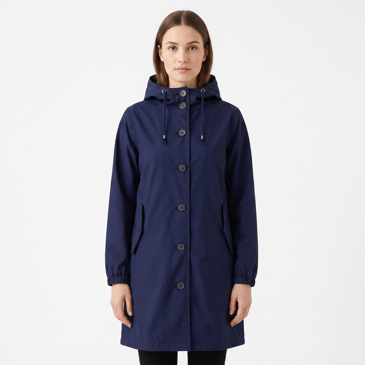 Women's Waterproof Hooded Rain Coat Button Front Longline Windproof Outdoor Jacket