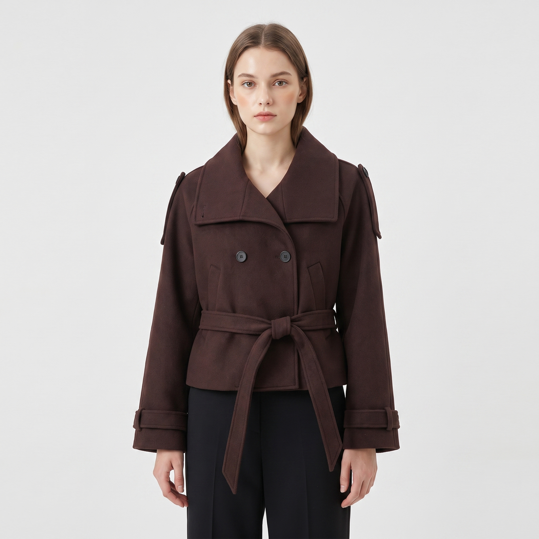 Women's Wool Blend Cropped Coat High Neck Belted Double Breasted Short Winter Jacket