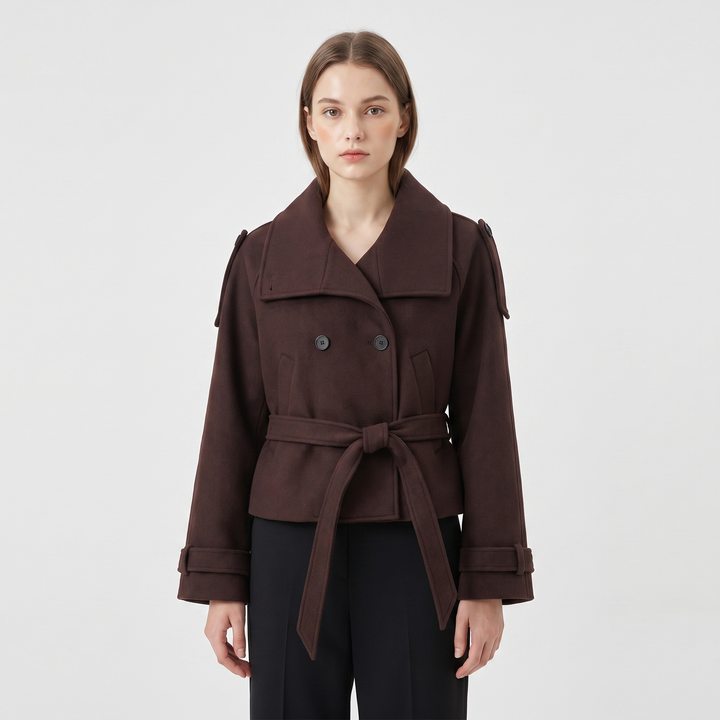 Women's Wool Blend Cropped Coat High Neck Belted Double Breasted Short Winter Jacket