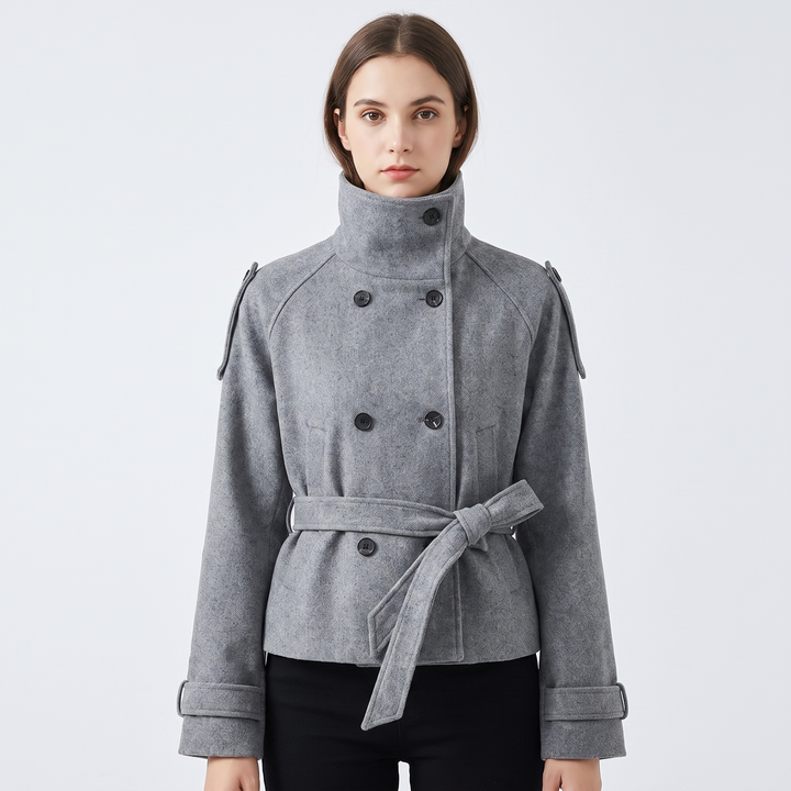 Women's Wool Blend Cropped Coat High Neck Belted Double Breasted Short Winter Jacket