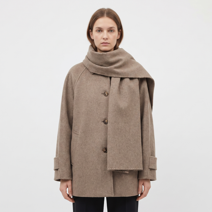 Women's Wool Blend Oversized Collarless Jacket Scarf Set Boxy Short Winter Coat
