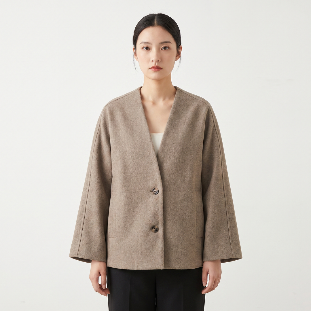 Women's Wool Blend Oversized Collarless Jacket Scarf Set Boxy Short Winter Coat