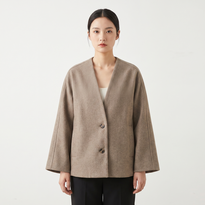 Women's Wool Blend Oversized Collarless Jacket Scarf Set Boxy Short Winter Coat