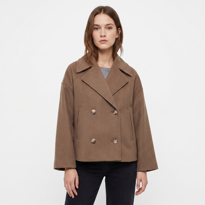 Women's Wool Blend Cropped Peacoat Oversized Double Breasted Short Winter Jacket
