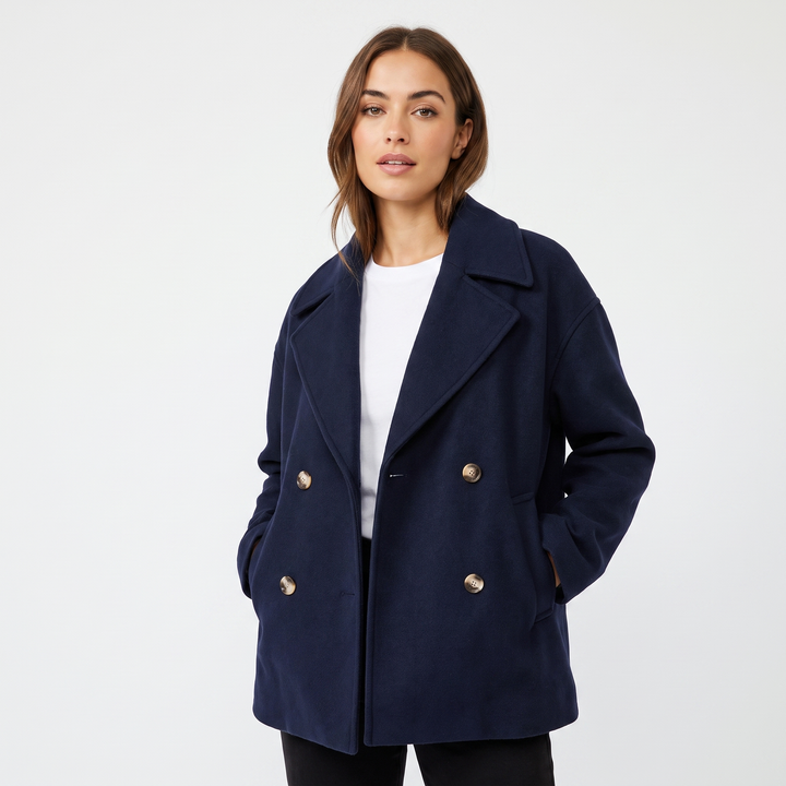 Women's Wool Blend Cropped Peacoat Oversized Double Breasted Short Winter Jacket