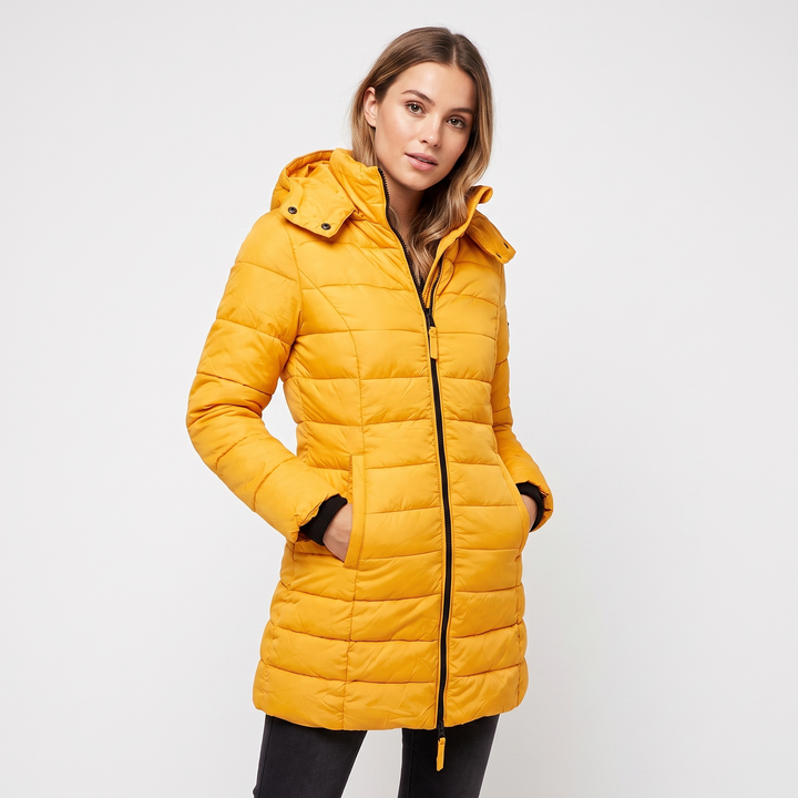 Women's Fitted Hooded Puffer Coat Quilted Zip Up Longline Padded Winter Jacket
