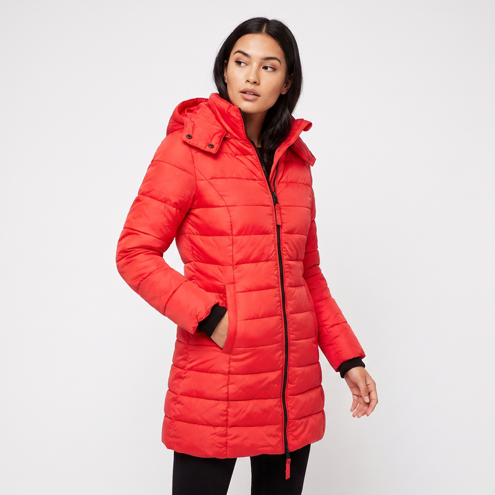 Women's Fitted Hooded Puffer Coat Quilted Zip Up Longline Padded Winter Jacket