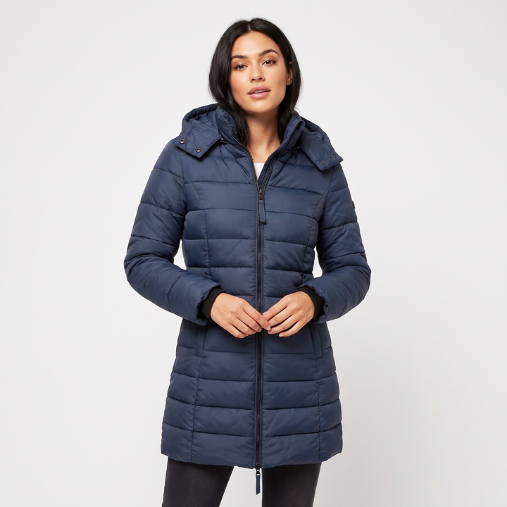 Women's Fitted Hooded Puffer Coat Quilted Zip Up Longline Padded Winter Jacket