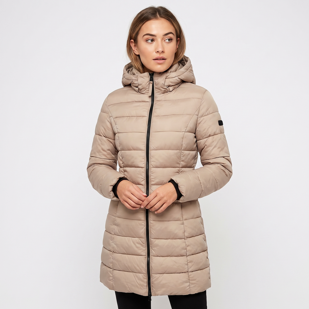 Women's Fitted Hooded Puffer Coat Quilted Zip Up Longline Padded Winter Jacket