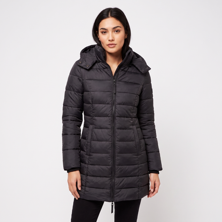 Women's Fitted Hooded Puffer Coat Quilted Zip Up Longline Padded Winter Jacket
