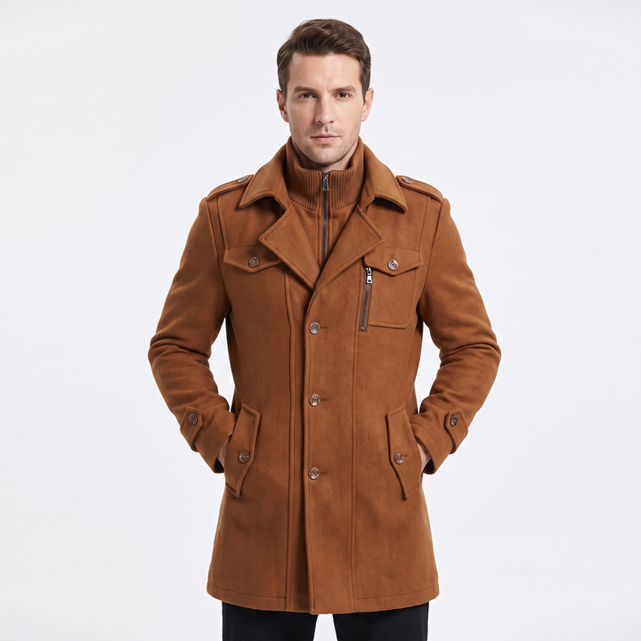 Men's Wool Blend Overcoat Detachable Knit Bib Zip Up Trench Coat Winter Jacket