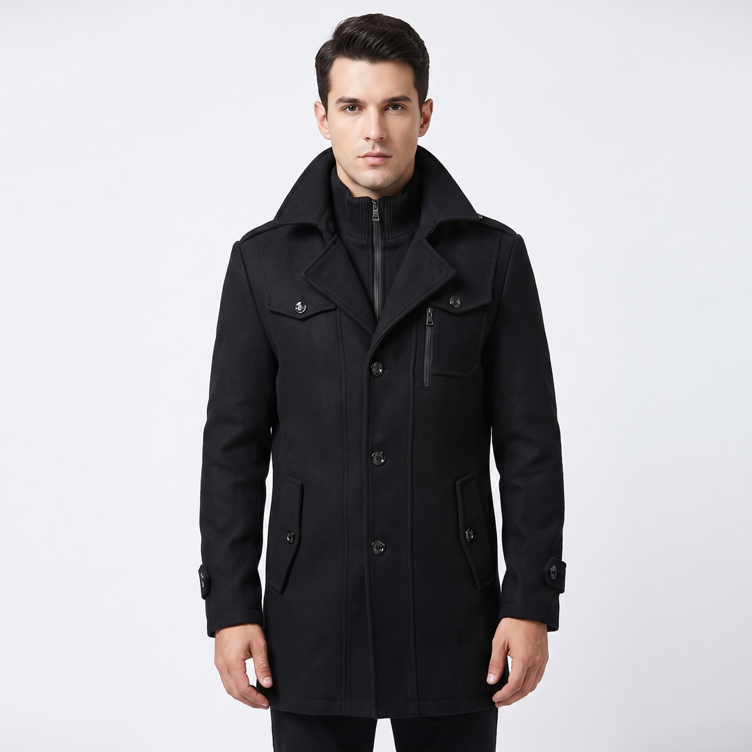 Men's Wool Blend Overcoat Detachable Knit Bib Zip Up Trench Coat Winter Jacket