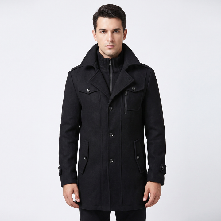 Men's Wool Blend Overcoat Detachable Knit Bib Zip Up Trench Coat Winter Jacket