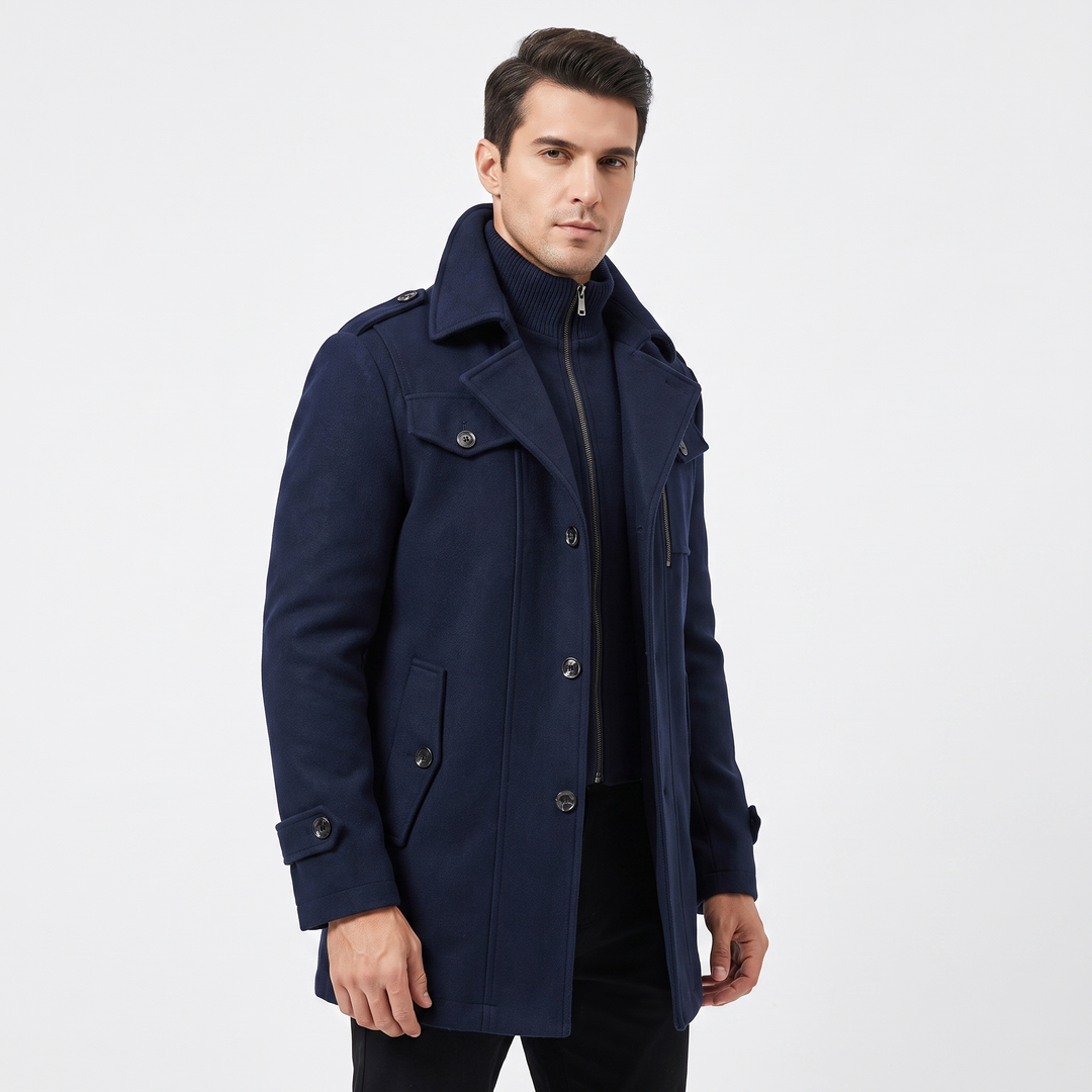 Men's Wool Blend Overcoat Detachable Knit Bib Zip Up Trench Coat Winter Jacket