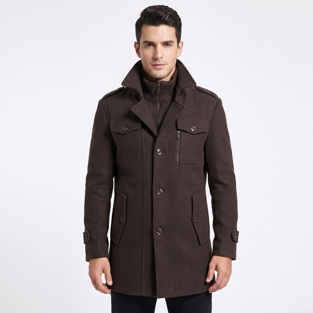 Men's Wool Blend Overcoat Detachable Knit Bib Zip Up Trench Coat Winter Jacket