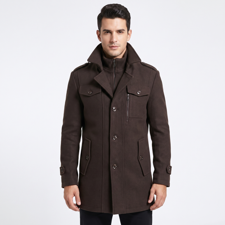 Men's Wool Blend Overcoat Detachable Knit Bib Zip Up Trench Coat Winter Jacket