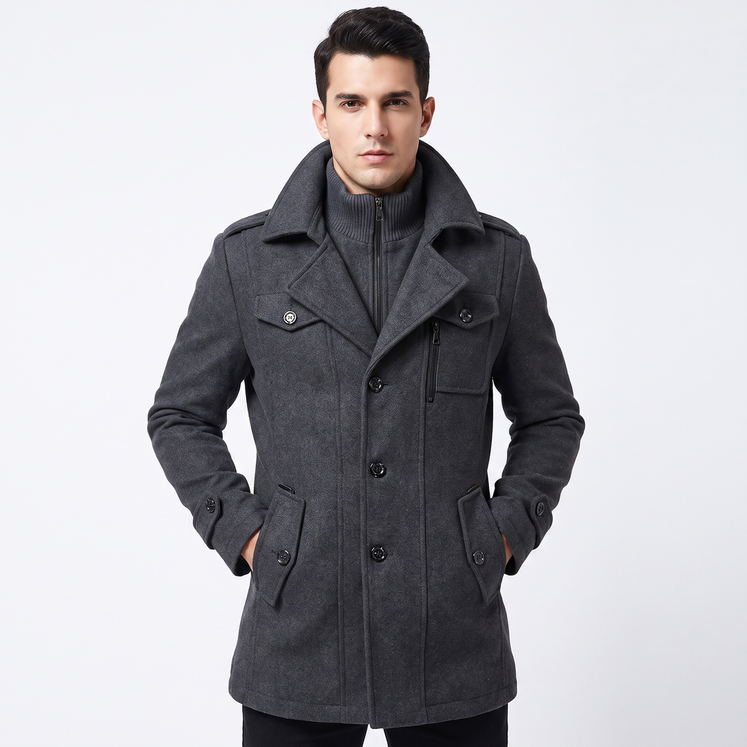 Men's Wool Blend Overcoat Detachable Knit Bib Zip Up Trench Coat Winter Jacket