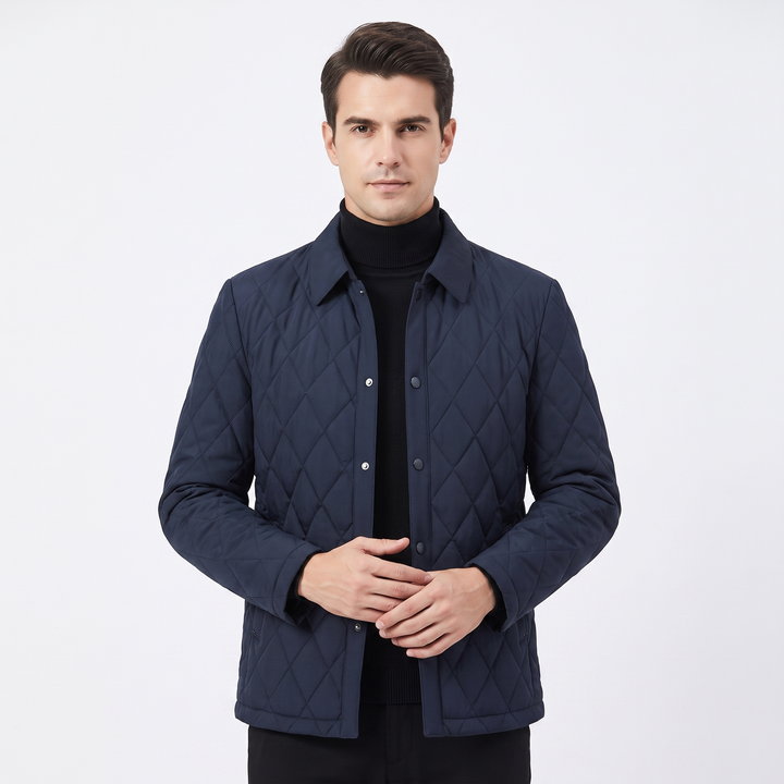 Men's Diamond Quilted Jacket Snap Button Collared Slim Fit Padded Winter Coat