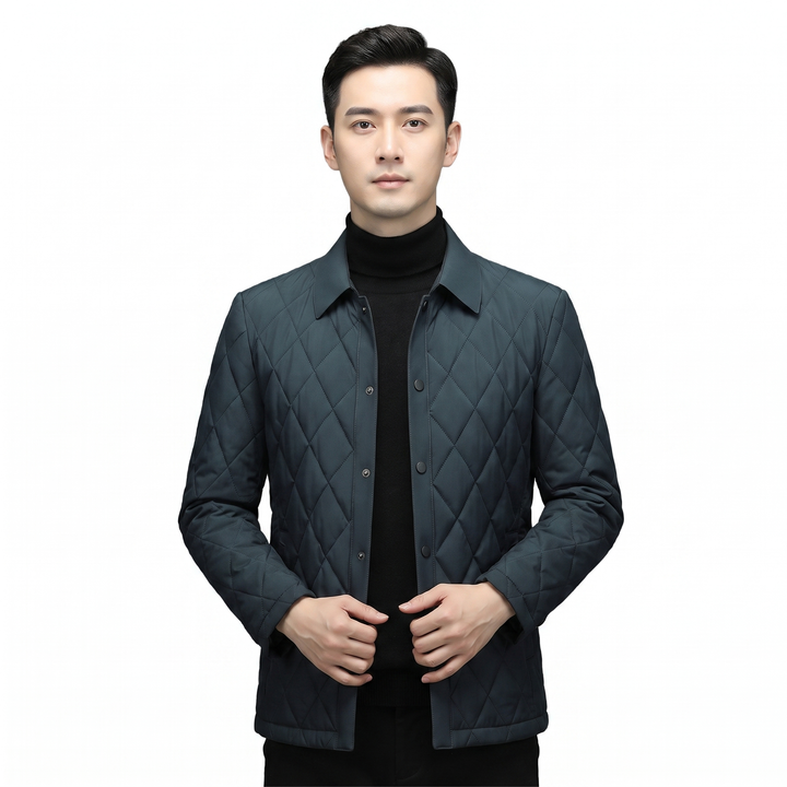 Men's Diamond Quilted Jacket Snap Button Collared Slim Fit Padded Winter Coat