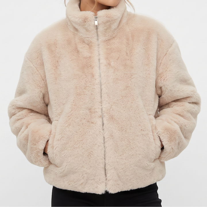 Women's Faux Fur Cropped Coat with Stand Collar