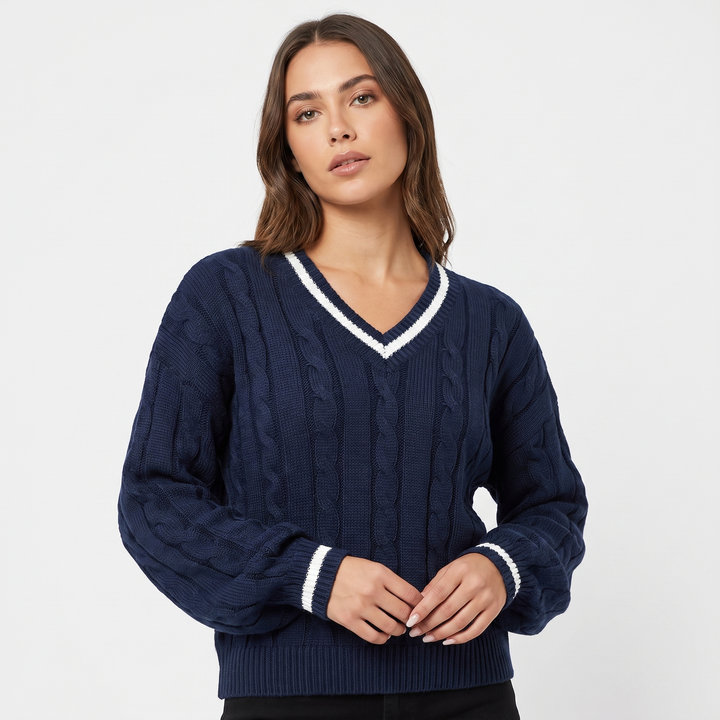 Women's Cable Knit Cricket Sweater V-Neck Contrast Stripe Cropped Pullover Top