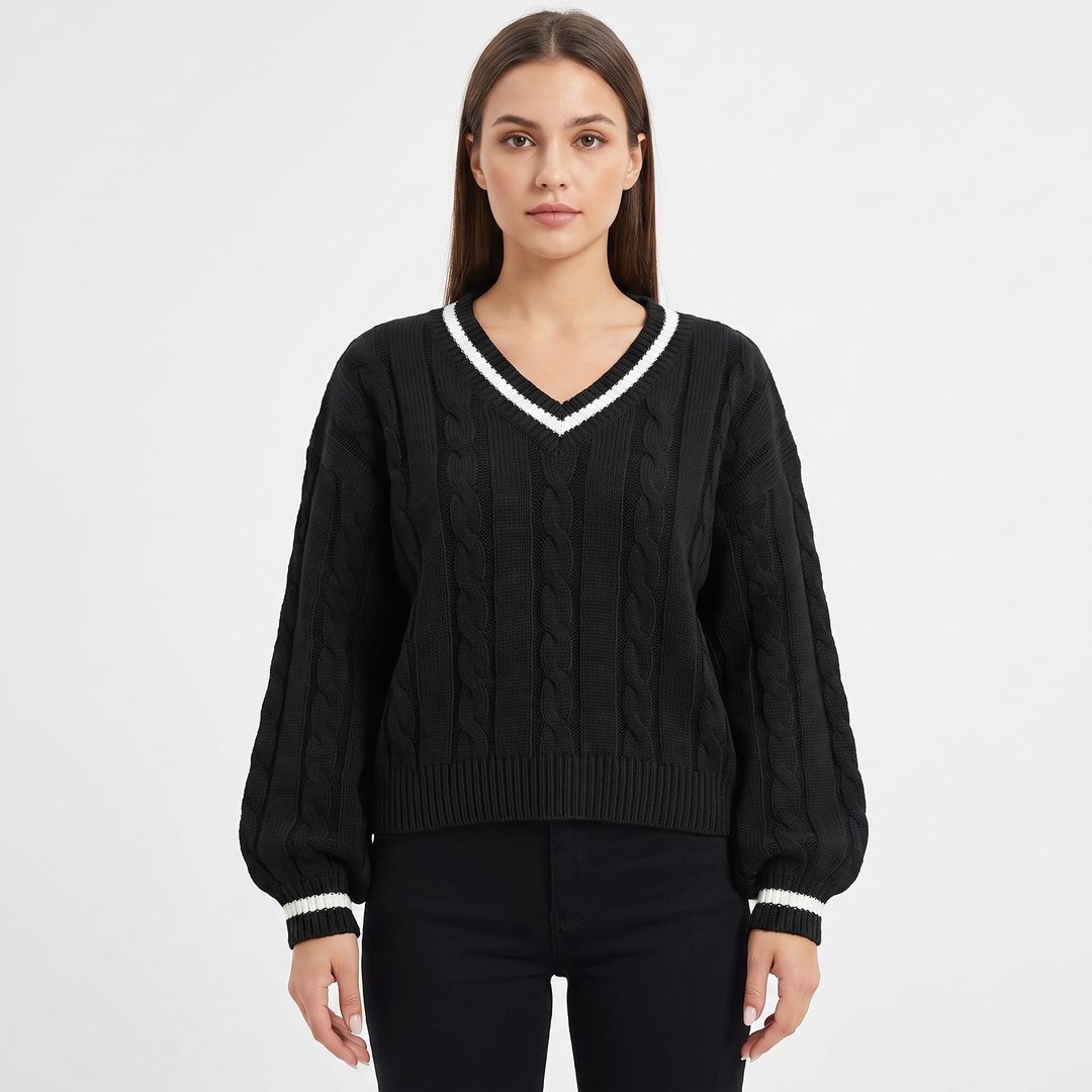 Women's Cable Knit Cricket Sweater V-Neck Contrast Stripe Cropped Pullover Top