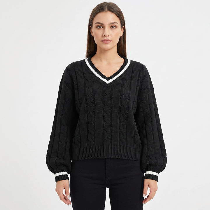 Women's Cable Knit Cricket Sweater V-Neck Contrast Stripe Cropped Pullover Top