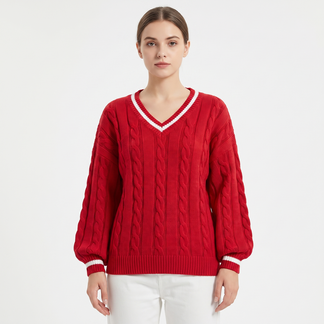 Women's Cable Knit Cricket Sweater V-Neck Contrast Stripe Cropped Pullover Top