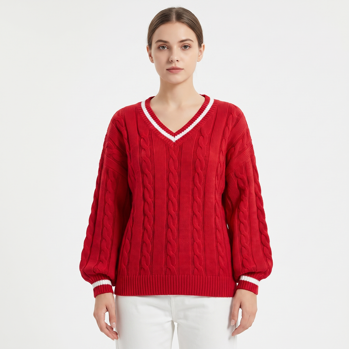 Women's Cable Knit Cricket Sweater V-Neck Contrast Stripe Cropped Pullover Top