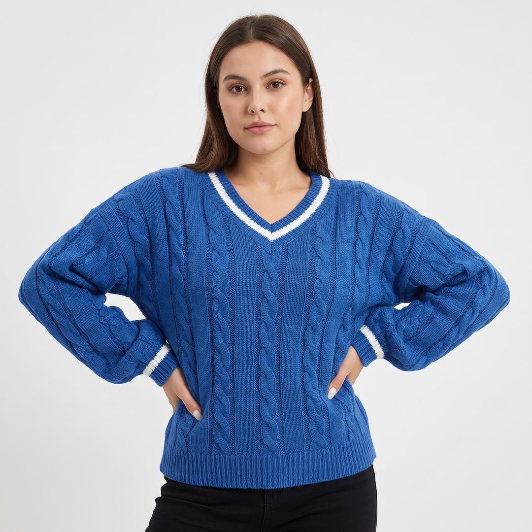 Women's Cable Knit Cricket Sweater V-Neck Contrast Stripe Cropped Pullover Top