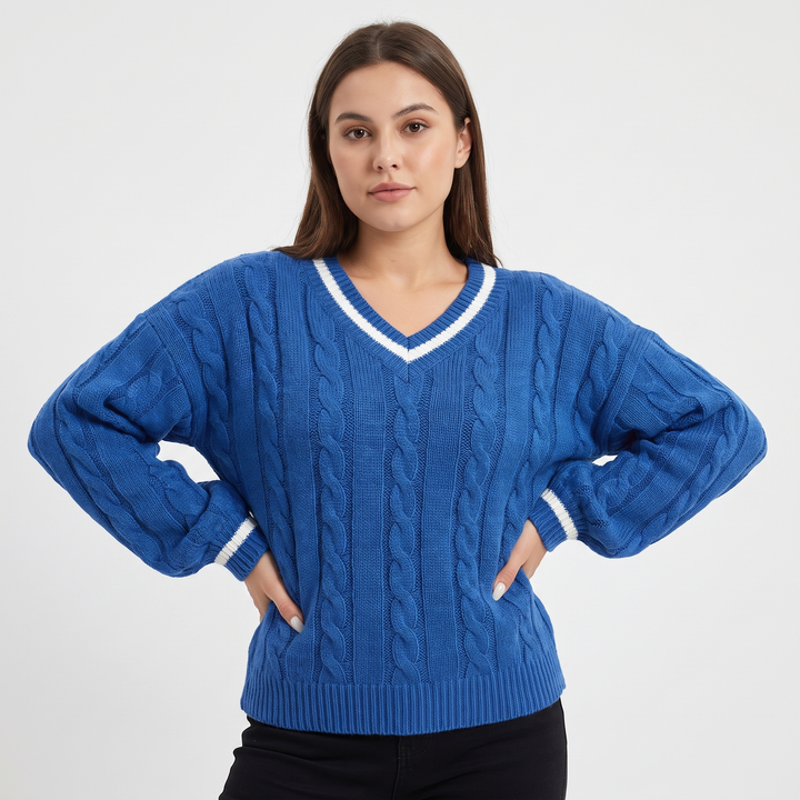 Women's Cable Knit Cricket Sweater V-Neck Contrast Stripe Cropped Pullover Top