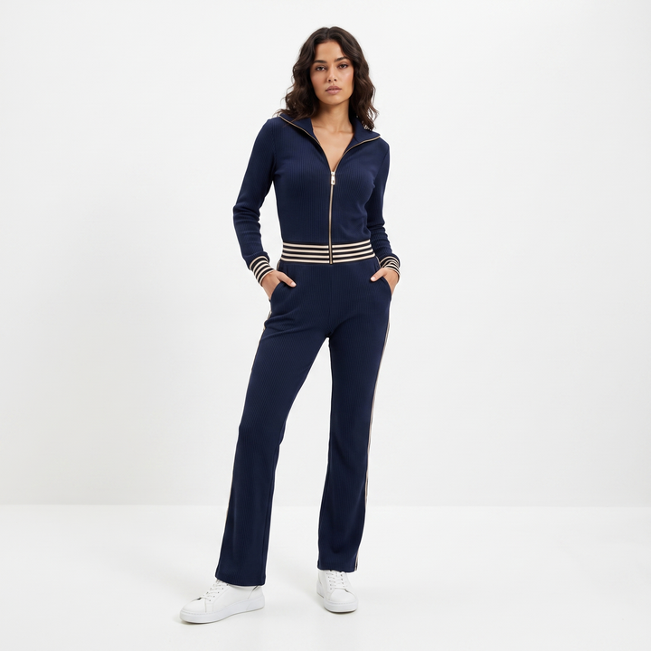 Women's Ribbed Zip Up Jumpsuit Wide Leg Contrast Stripe Long Sleeve Hooded Playsuit