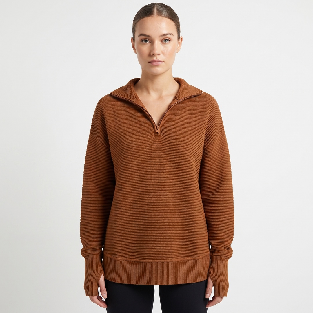 Women's Half Zip Ribbed Knit Pullover Oversized Polo Neck Casual Sweater Top