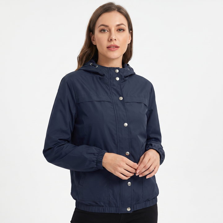 Women's Snap Button Windbreaker Jacket Stand Collar Zip Up Casual Lightweight Coat
