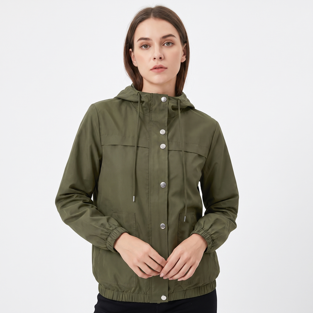Women's Snap Button Windbreaker Jacket Stand Collar Zip Up Casual Lightweight Coat