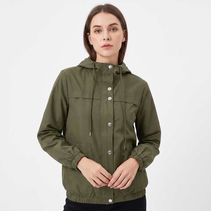 Women's Snap Button Windbreaker Jacket Stand Collar Zip Up Casual Lightweight Coat
