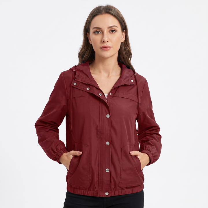 Women's Snap Button Windbreaker Jacket Stand Collar Zip Up Casual Lightweight Coat