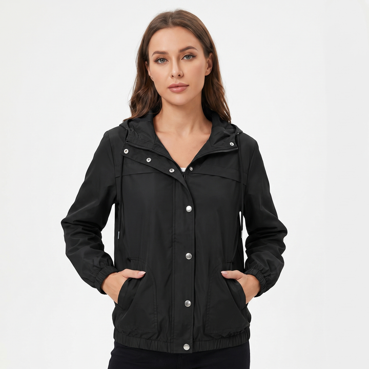 Women's Snap Button Windbreaker Jacket Stand Collar Zip Up Casual Lightweight Coat