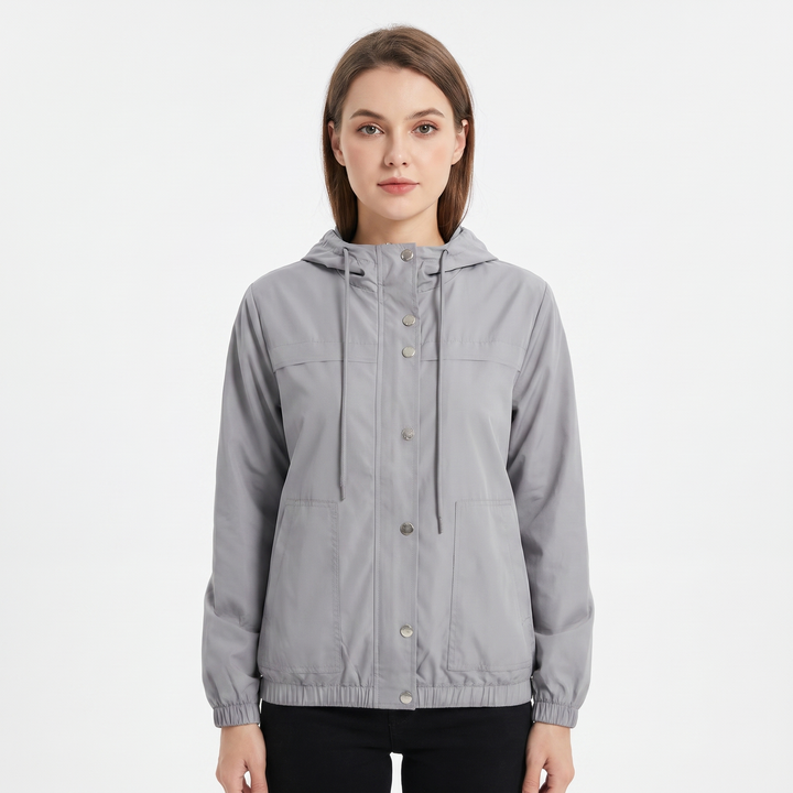 Women's Snap Button Windbreaker Jacket Stand Collar Zip Up Casual Lightweight Coat