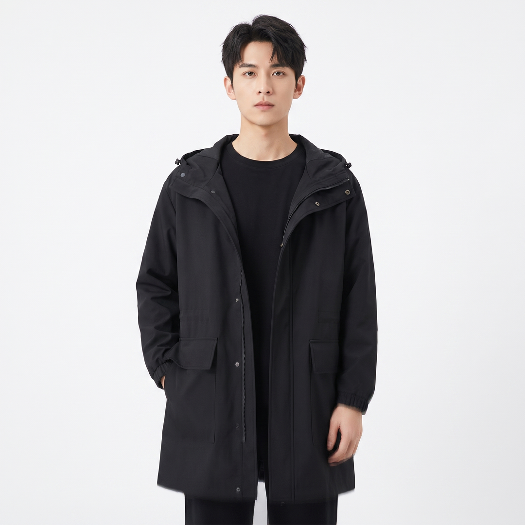 Men's Hooded Longline Trench Coat Oversized Cargo Pocket Casual Windbreaker Jacket