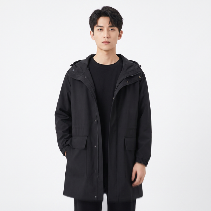 Men's Hooded Longline Trench Coat Oversized Cargo Pocket Casual Windbreaker Jacket
