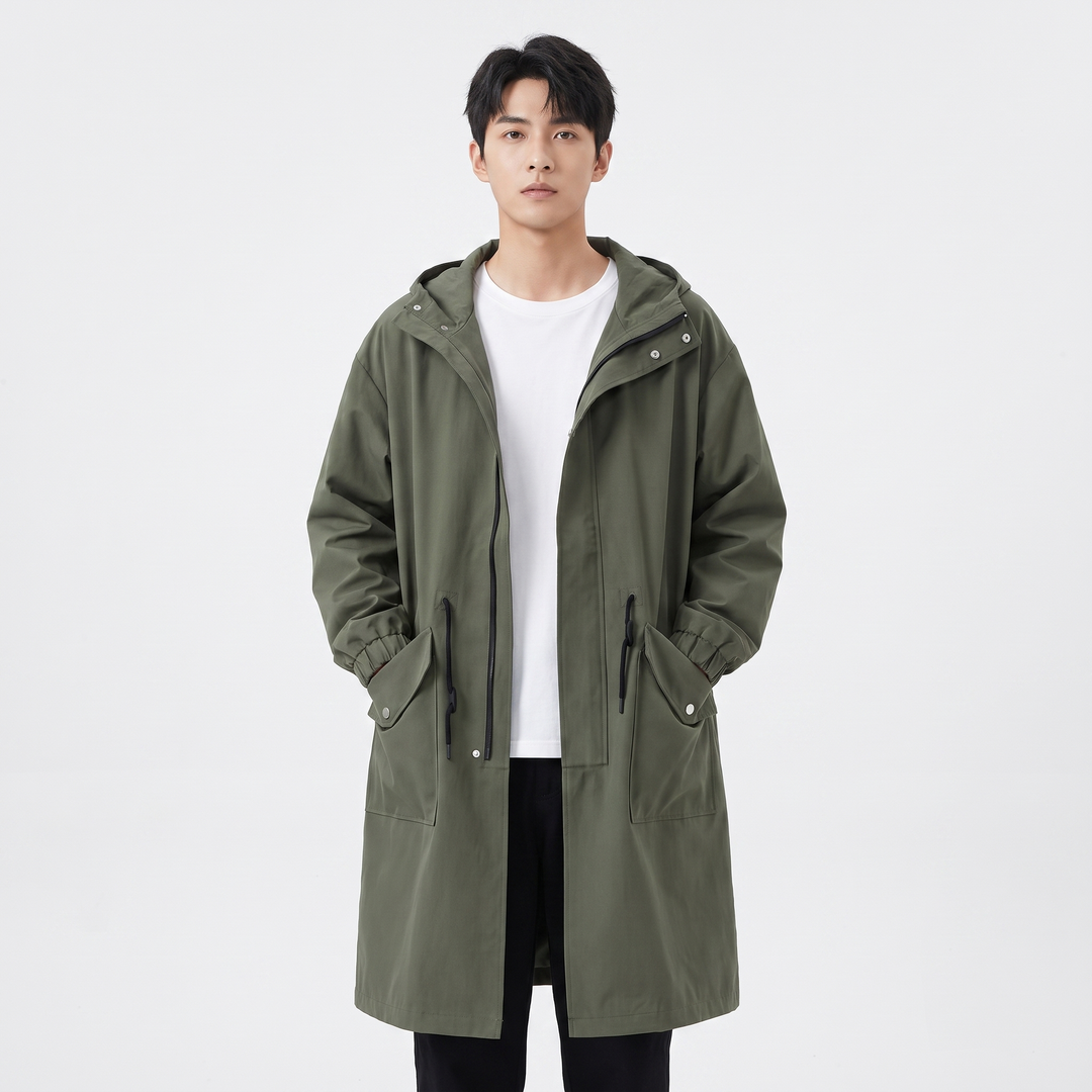 Men's Hooded Longline Trench Coat Oversized Cargo Pocket Casual Windbreaker Jacket
