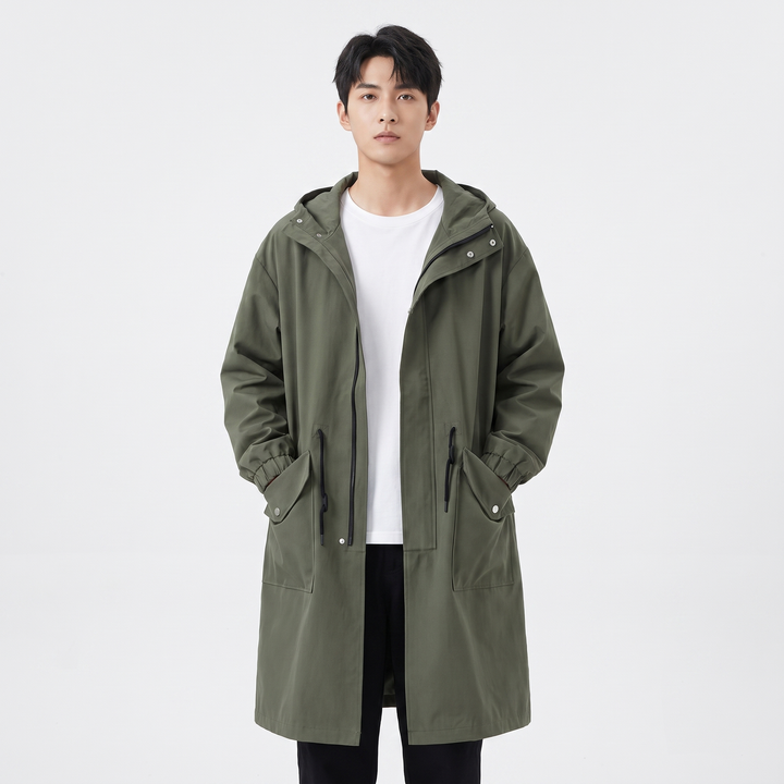 Men's Hooded Longline Trench Coat Oversized Cargo Pocket Casual Windbreaker Jacket