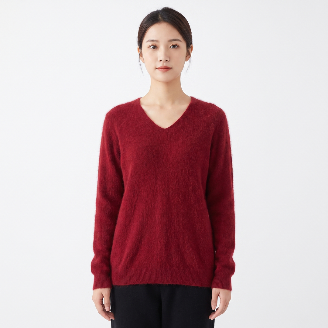 Women's Soft Fluffy Knit V-Neck Sweater Relaxed Fit Long Sleeve Casual Pullover Top
