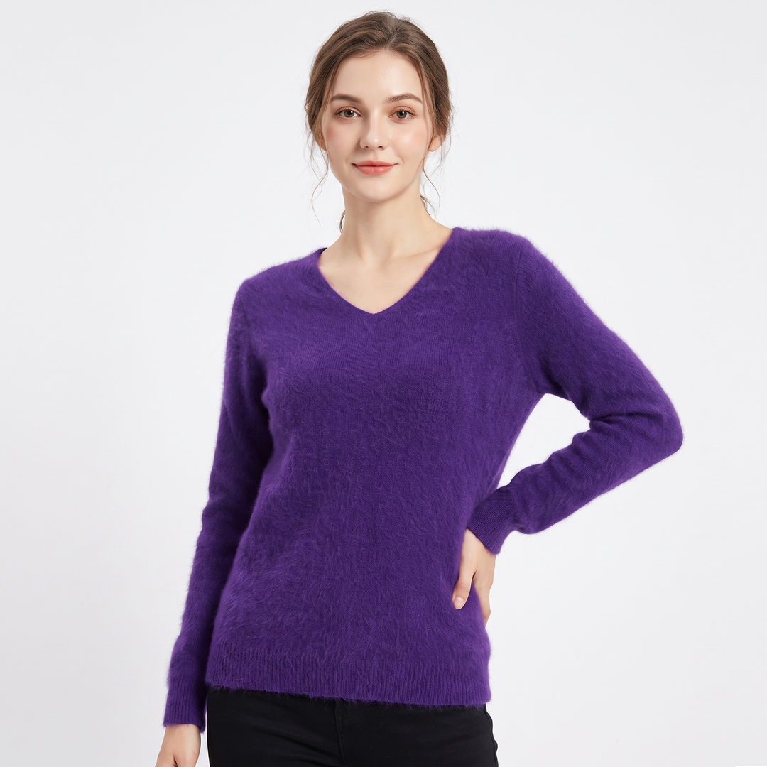 Women's Soft Fluffy Knit V-Neck Sweater Relaxed Fit Long Sleeve Casual Pullover Top